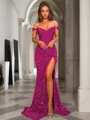 Sheath/Column Glistening Off-the-Shoulder Short Sleeves Sweep Train Velvet Sequins Prom Dress