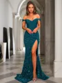 Sheath/Column Glistening Off-the-Shoulder Short Sleeves Sweep Train Velvet Sequins Prom Dress