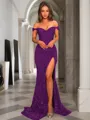 Sheath/Column Glistening Off-the-Shoulder Short Sleeves Sweep Train Velvet Sequins Prom Dress
