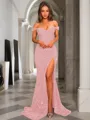 Sheath/Column Glistening Off-the-Shoulder Short Sleeves Sweep Train Velvet Sequins Prom Dress