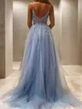 A-line Princess V-Neck Charming Sleeveless Sweep Train Tulle Corset Prom Dress With Slit
