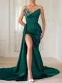 Sheath/Column Sweetheart Sleeveless Court Train Silk like Satin Clingy Prom Dress With Slit