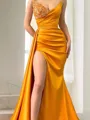 Sheath/Column Sweetheart Sleeveless Court Train Silk like Satin Clingy Prom Dress With Slit