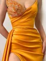 Sheath/Column Sweetheart Sleeveless Court Train Silk like Satin Clingy Prom Dress With Slit