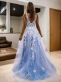 A-line Princess V-Neck Sleeveless Sweep Train Exquisite Tulle Prom Dress With Slit