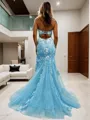 Sheath/Column Spaghetti Straps Sleeveless Sweep Train Enchanting Lace Corset Prom Dress With Slit