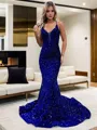Trumpet/Mermaid V-Neck Sleeveless Coruscating Court Train Velvet Sequins Corset Prom Dress