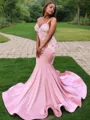 Trumpet/Mermaid V-Neck Sleeveless Sweep Train Show-stopping Silk like Satin Prom Dress