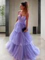 A-line Princess Spaghetti Straps Sleeveless Sweep Train Tulle Dazzling Corset Prom Dress
