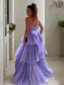 A-line Princess Spaghetti Straps Sleeveless Sweep Train Tulle Dazzling Corset Prom Dress