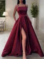 A-line Spaghetti Straps Sleeveless Flattering Floor-Length Satin Prom Dress With Pockets Slit