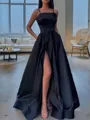 A-line Spaghetti Straps Sleeveless Flattering Floor-Length Satin Prom Dress With Pockets Slit