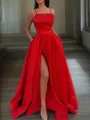 A-line Spaghetti Straps Sleeveless Flattering Floor-Length Satin Prom Dress With Pockets Slit