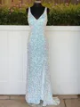Sheath/Column V-Neck Sleeveless Sweep Train sparking Velvet Sequins Prom Dress