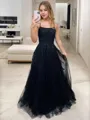 A-line Princess Spaghetti Straps Sleeveless Sweep Train Tulle Elegant Corset Prom Dress