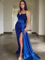 Sheath/Column Sweetheart Twinkling Sleeveless Sweep Train Velvet Sequins Prom Dress With Slit