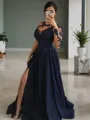 A-line Chic Scoop Long Sleeves Sweep Train Stretch Crepe Prom Dress With Slit