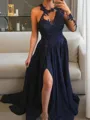 A-line Chic Scoop Long Sleeves Sweep Train Stretch Crepe Prom Dress With Slit