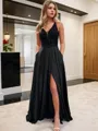A-line V-Neck Stylish Sleeveless Sweep Train Silk like Satin Corset Prom Dress With Slit