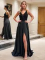 A-line V-Neck Stylish Sleeveless Sweep Train Silk like Satin Corset Prom Dress With Slit