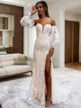 Sheath/Column Sweetheart Long Sleeves Sweep Train Lace Luxurious Prom Dress With Slit
