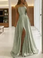 A-line Spaghetti Straps Sleeveless Simple Sweep Train Silk like Satin Prom Dress With Slit