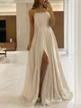 A-line Spaghetti Straps Sleeveless Simple Sweep Train Silk like Satin Prom Dress With Slit