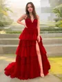 A-line Princess V-Neck Sleeveless Sweep Train Tulle Feminine Prom Dress With Slit
