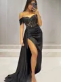 Sheath/Column Classic Off-the-Shoulder Short Sleeves Sweep Train Silk like Satin Corset Prom Dress