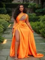 A-line Halter Sleeveless Sweep Train Beautiful Silk like Satin Prom Dress