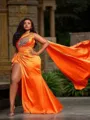 A-line Halter Sleeveless Sweep Train Beautiful Silk like Satin Prom Dress