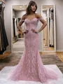 Sheath/Column Captivating Off-the-Shoulder Sleeveless Court Train Lace Corset Prom Dress