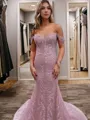 Sheath/Column Captivating Off-the-Shoulder Sleeveless Court Train Lace Corset Prom Dress