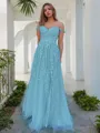 A-line Princess Off-the-Shoulder Sleeveless Sweep Train Balanced Tulle Corset Prom Dress
