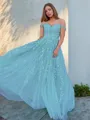 A-line Princess Off-the-Shoulder Sleeveless Sweep Train Balanced Tulle Corset Prom Dress