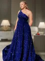 A-line One-Shoulder Sleeveless Bedazzling Sweep Train Velvet Sequins Prom Dress