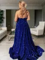 A-line One-Shoulder Sleeveless Bedazzling Sweep Train Velvet Sequins Prom Dress