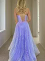 A-line Princess Charming Spaghetti Straps Sleeveless Sweep Train Tulle Prom Dress