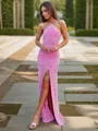 Sheath/Column Halter Sleeveless Floor-Length Glistening Velvet Sequins Prom Dress