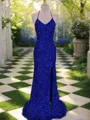 Sheath/Column V-Neck Sleeveless Sweep Train Velvet Sequins Glitter Prom Dress With Slit