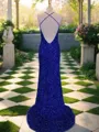 Sheath/Column V-Neck Sleeveless Sweep Train Velvet Sequins Glitter Prom Dress With Slit