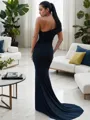 Sheath/Column One-Shoulder Splendiferous Sleeveless Sweep Train Jersey Prom Dress With Slit