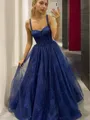 A-line Princess Straps Sleeveless Sweep Train Trendy Tulle Corset Prom Dress