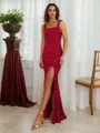 Sheath/Column sparking Straps Sleeveless Floor-Length Velvet Sequins Prom Dress With Slit