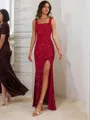 Sheath/Column sparking Straps Sleeveless Floor-Length Velvet Sequins Prom Dress With Slit