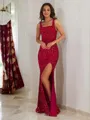 Sheath/Column sparking Straps Sleeveless Floor-Length Velvet Sequins Prom Dress With Slit