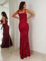 Sheath/Column sparking Straps Sleeveless Floor-Length Velvet Sequins Prom Dress With Slit