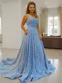 A-line Dazzling Straps Sleeveless Court Train Velvet Sequins Prom Dress