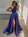 A-line One-Shoulder Sleeveless Sweep Train Graceful Satin Prom Dress With Slit
