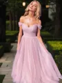 A-line Princess Off-the-Shoulder Sleeveless Modest Sweep Train Tulle Prom Dress